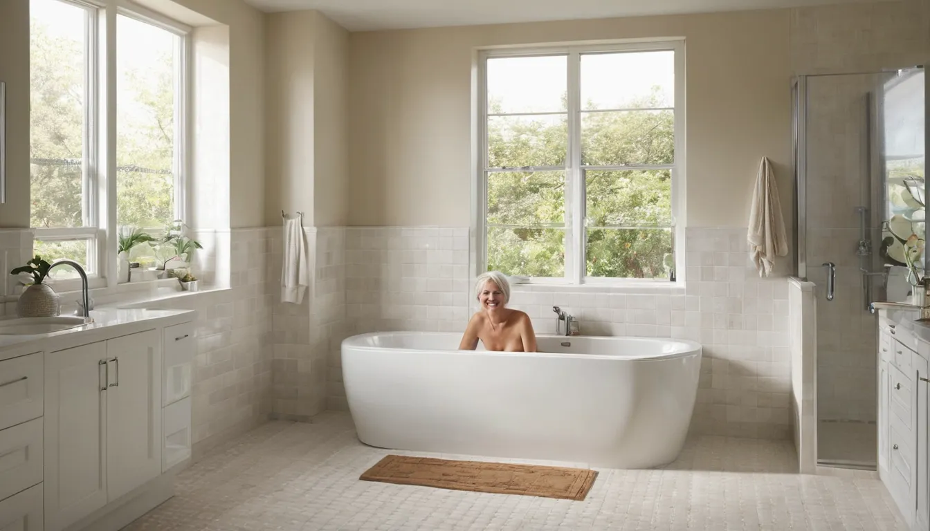 A smiling older homeowner sitting comfortably in a walk-in tub with the side door open in a bright bathroom near Frisco